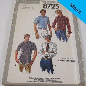 Simplicity 8725 Clothing Pattern Extra Tall Mens 38-44 Shirt UNCUT
